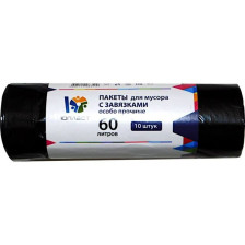 Мешки для мусора 60л 10шт с завязками особо прочные Юпласт