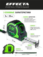 Рулетка 5мх25мм с магнитом автостоп лента нейлон 2стор шкала EFFECTA Fort 581525