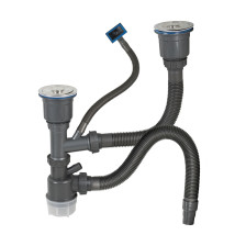 Сифон для кухонной мойки двойной с переливом и гофрой FABIA PROFI разборный, матовый хром/пластик 8738