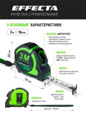 Рулетка 3,0мх16мм с магнитом автостоп лента нейлон 2стор шкала EFFECTA Fort 581316