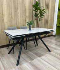 Стол "Либерти" 1400х800(300+300) Керамика Matte белый мрамор/черный кварц/черный