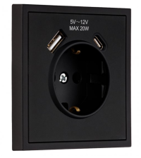 Розетка 1-м скрытой установки c заземлением USB+Type SBE-09b-16-S1-USB черный