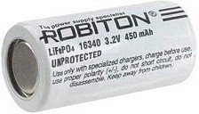 Аккумулятор 3.2V 450 mAh LiFe16340 Robiton защ РК1 литий-железофосфат 16,5х35мм, -20,+60С 17669