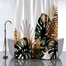 Штора для ванной комнаты 180х180см САНАКС ТРОПИЧЕСКИЕ ЛИСТЬЯ с ЗОЛОТОМ, без колец 01-111