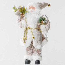 Фигура новогодняя Дед Мороз 61см в бежевой бархатной шубе с посохом и мешком ANN003