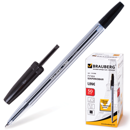 Ручка шариковая черная 1,0 мм Brauberg Line корпус прозрачный