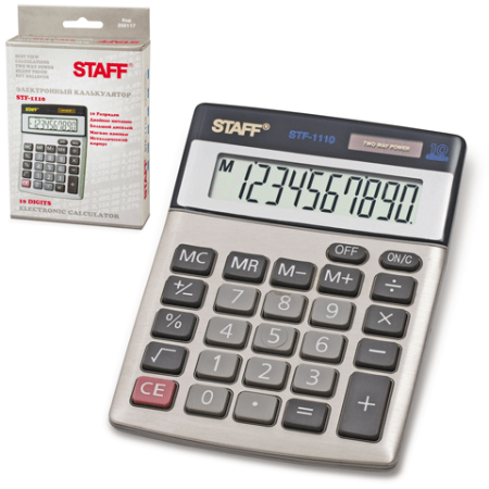 Калькулятор настольный 10 разрядов STF-1110 Staff двойное питание 140х105 мм серый