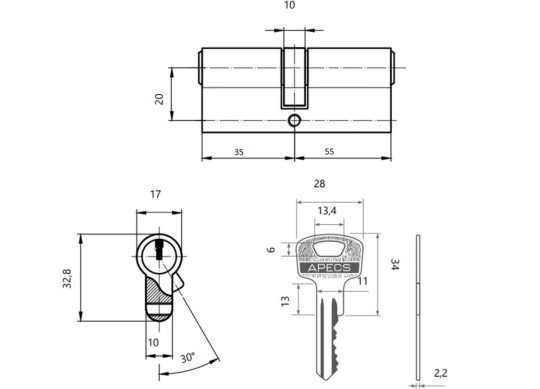 Механизм цилиндровый Apecs SC-90(35/55)-Z-NI