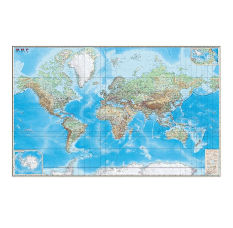 Карта настенная Мир Обзорная карта Физическая с границами 192х140 см 