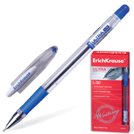 Ручка шариковая синяя 0,7 мм Erich Krause Ultra L-30 масл корпус прозр резиновый держатель 19613