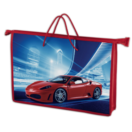 Папка-сумка А4 на молнии с веревочными ручками пластиковая девочки Красный авто Brauberg 