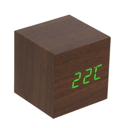 Часы-будильник электронные, цвет венге, зелёные цифры, "Куб", от USB 6,5х6,5х6,5см 2307 (Э)