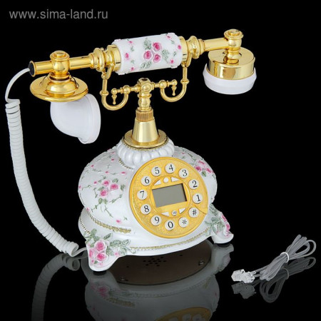 Ретро-телефон круглый с лепниной цветы белый 454649